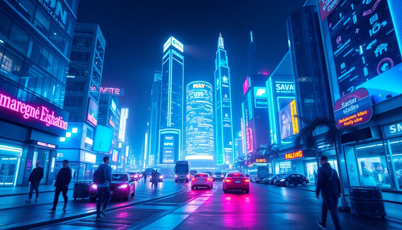 Showcase a futuristic city where technology transforms daily living with smart devices and advanced architecture.