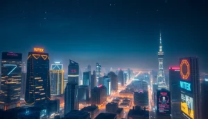 Futuristic city skyline depicting advanced technology with neon lights reflecting innovation.