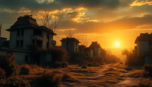 Streaming одни из нас 1 сезон смотреть онлайн, featuring a desolate cityscape with natural elements and dramatic lighting.