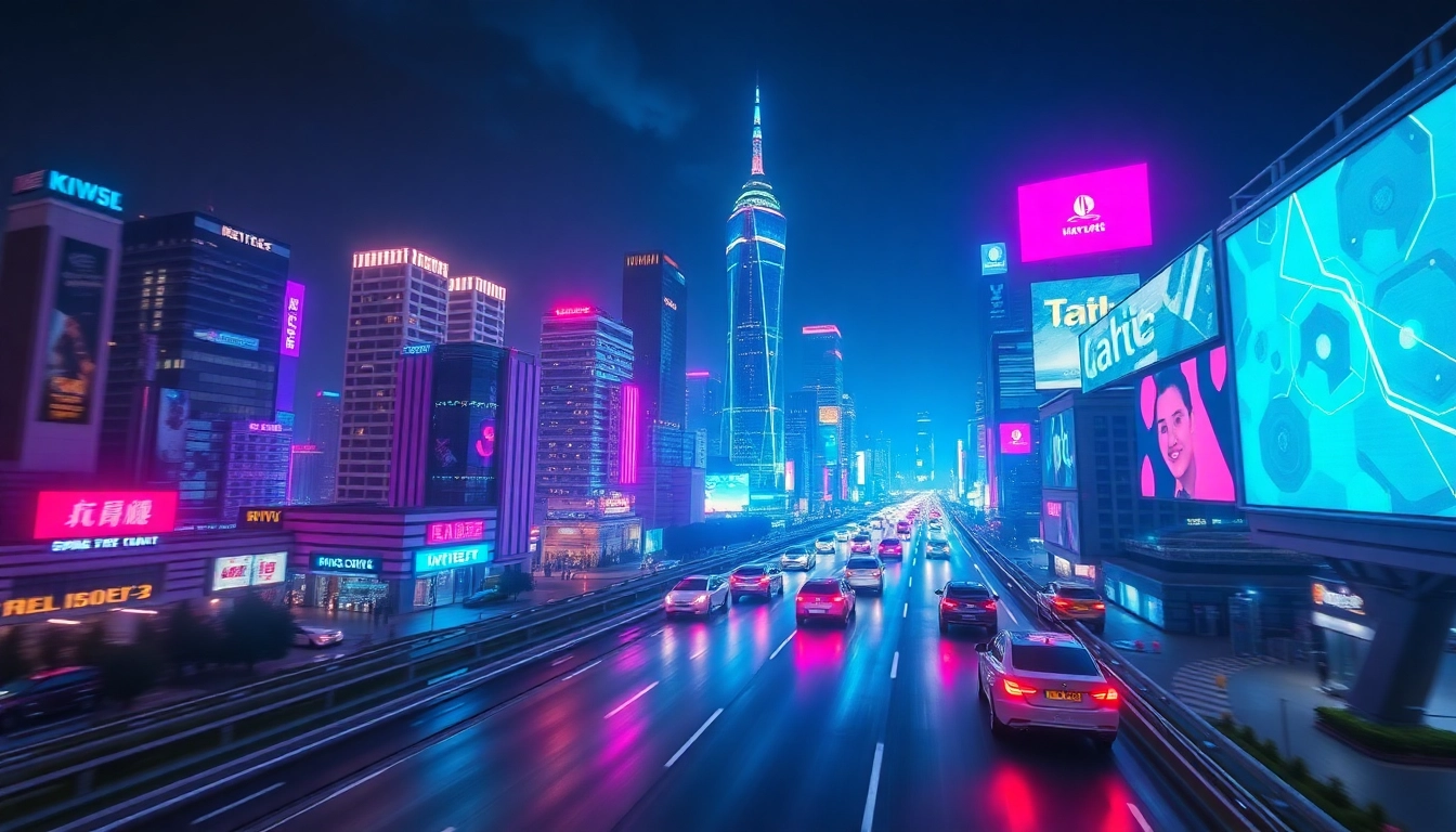 Showcase technology in a futuristic city skyline featuring flying cars and neon lights.