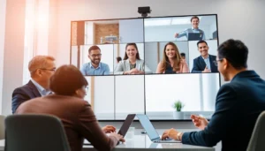High-energy team collaboration scene with professionals engaging virtually, demonstrating teamwork and communication in a modern workspace, emphasizing productive collaboration.
