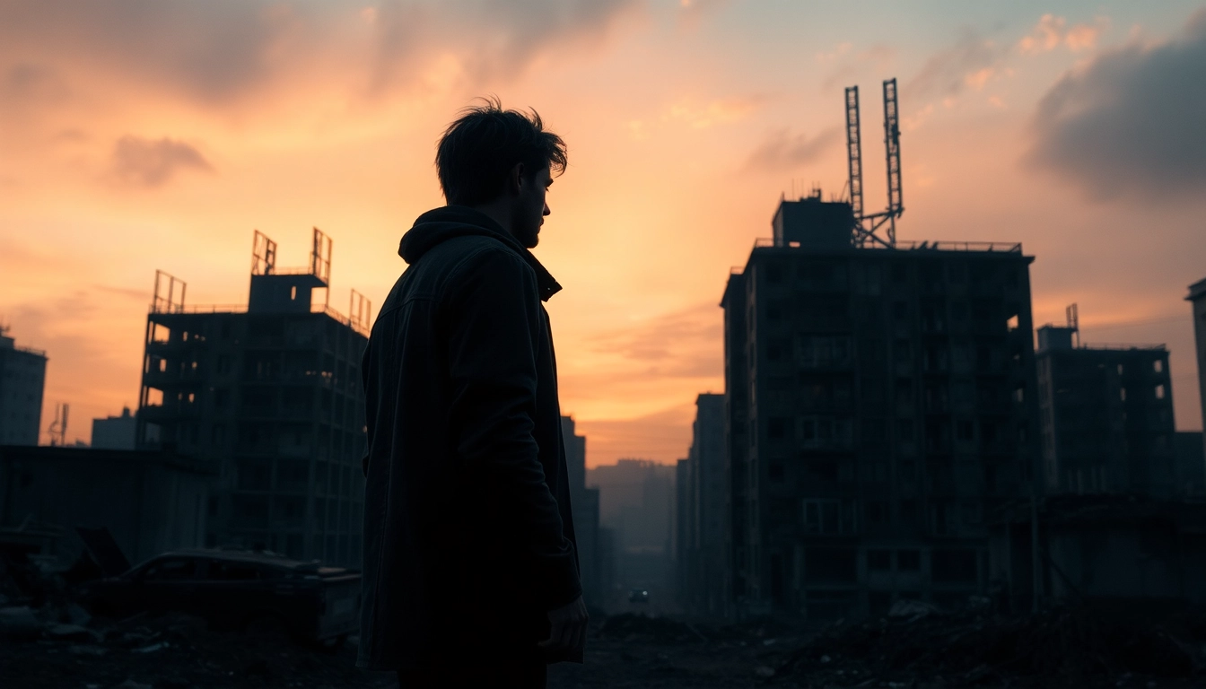 Watch одни из нас 1 сезон онлайн with intense post-apocalyptic cityscape backdrop and a lone survivor, perfect for fans seeking online streaming options.