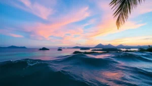 Lombok’s scenic coastline with Gili Islands and Mount Rinjani in the background, highlighting natural beauty and adventure.