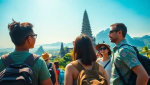 Engaging tour activity at a scenic Indonesian landmark, capturing excitement and travel experience for users seeking tours in Indonesia.