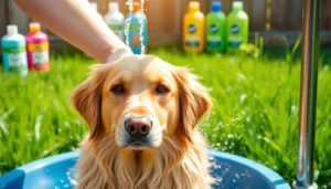 Bathing a golden retriever at a dog wash near me, showcasing vibrant shampoos and a sunny outdoor setting.