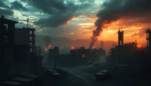 Кадр из сериала одни из нас 1 сезон смотреть онлайн на фоне разрушенного города и зомби-вирусов, привлекающий внимание к просмотру сериала.