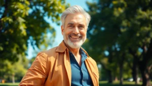 An attractive mature man with salt-and-pepper hair standing confidently outdoors in a park setting.