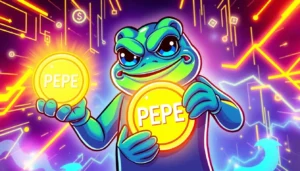Pepe Meme Coin illustration showing Pepe holding a blockchain coin with vibrant colors and