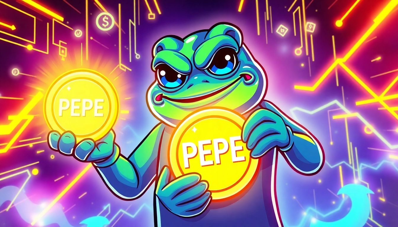 Pepe Meme Coin illustration showing Pepe holding a blockchain coin with vibrant colors and